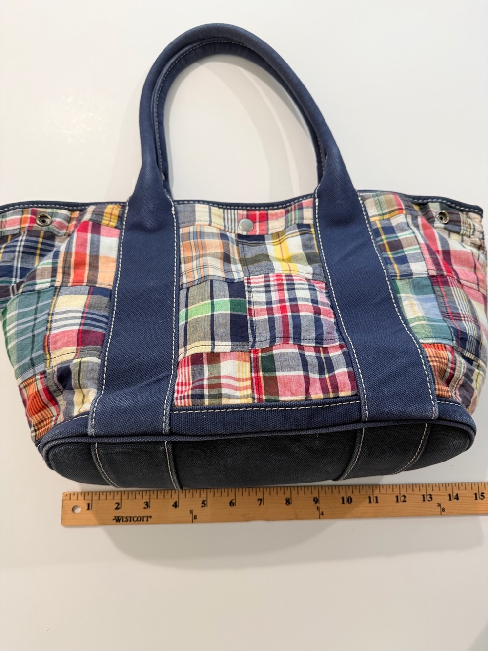 Madras Patchwork Plaid Vintage J.Crew Large Tote Bag Navy Canvas - Picture 6 of 16